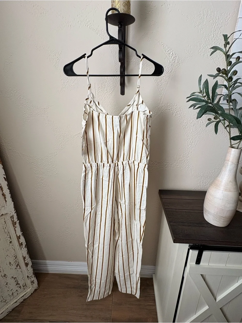 ECI Cream and Brown Striped Spaghetti-Strap Jumpsuit